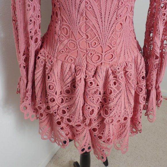 L'ATISTE Dusty Rose Pink Lace Eyelet Ruffle MockNeck Victorian French Boho Dress - Picture 12 of 16